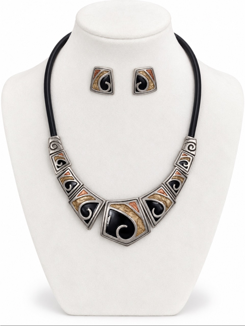CHICO’S Black Enamel Mixed Metal Geometric Statement Necklace & Earrings Set